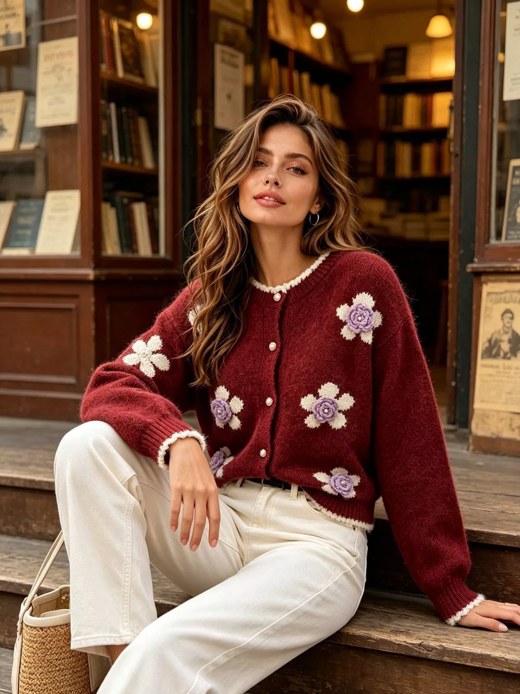 Floral Applique Button-Down Knit Cardigan