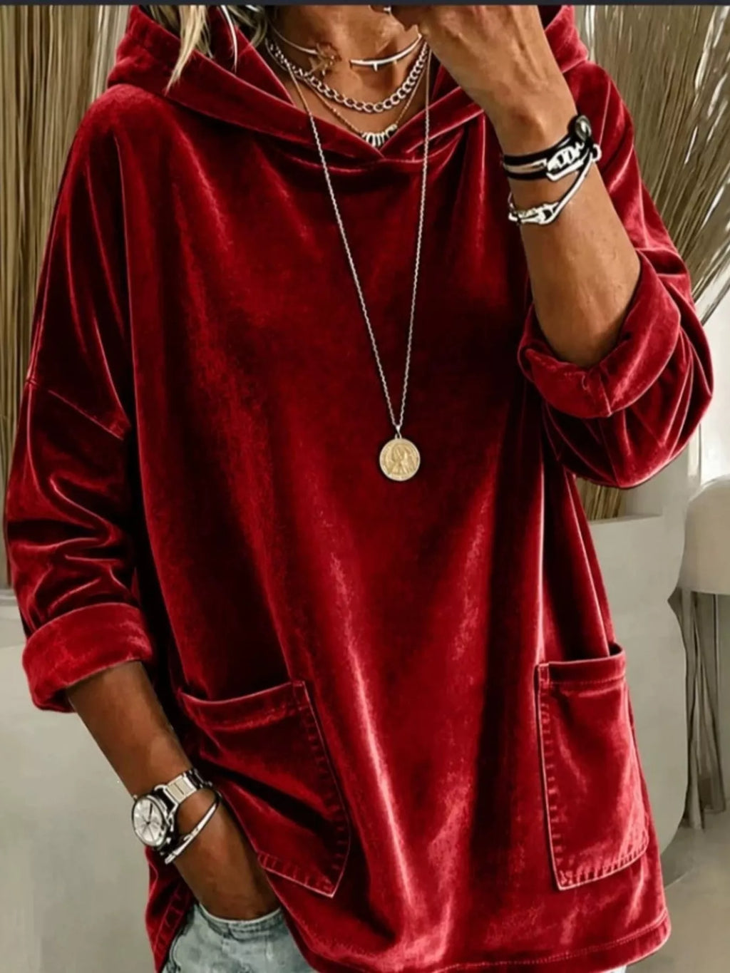 Velvet Front Pockets Hoodie