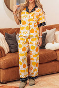 Short Sleeve Pumpkin Print Polka Dot Trim Pocket Placket Lounge Set