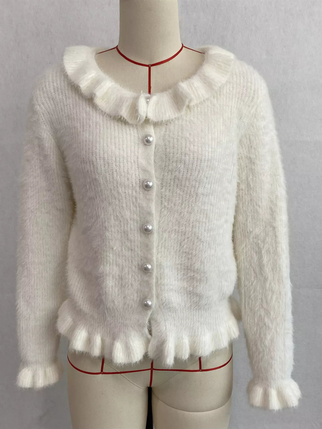 Soft Fuzzy Cardigan with Ruffled Collar and Pearl Buttons