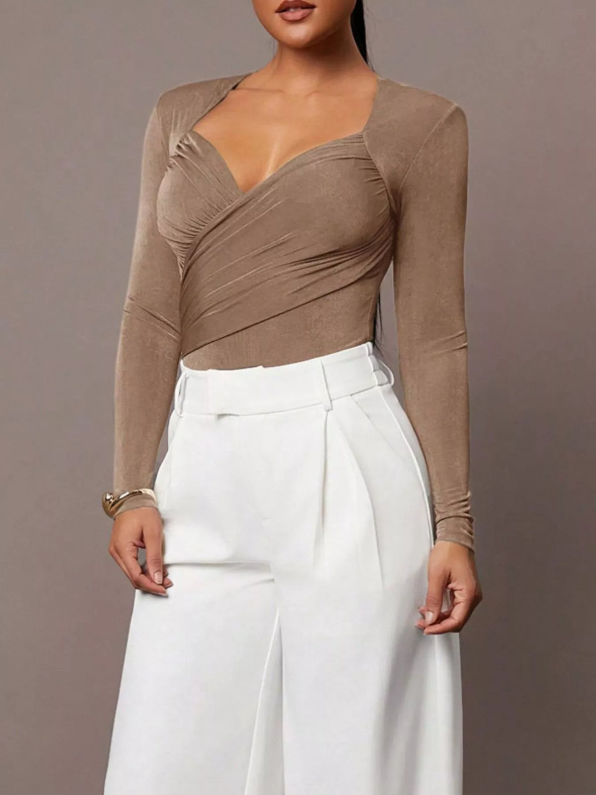 Ruched Surplice Long Sleeve Bodysuit