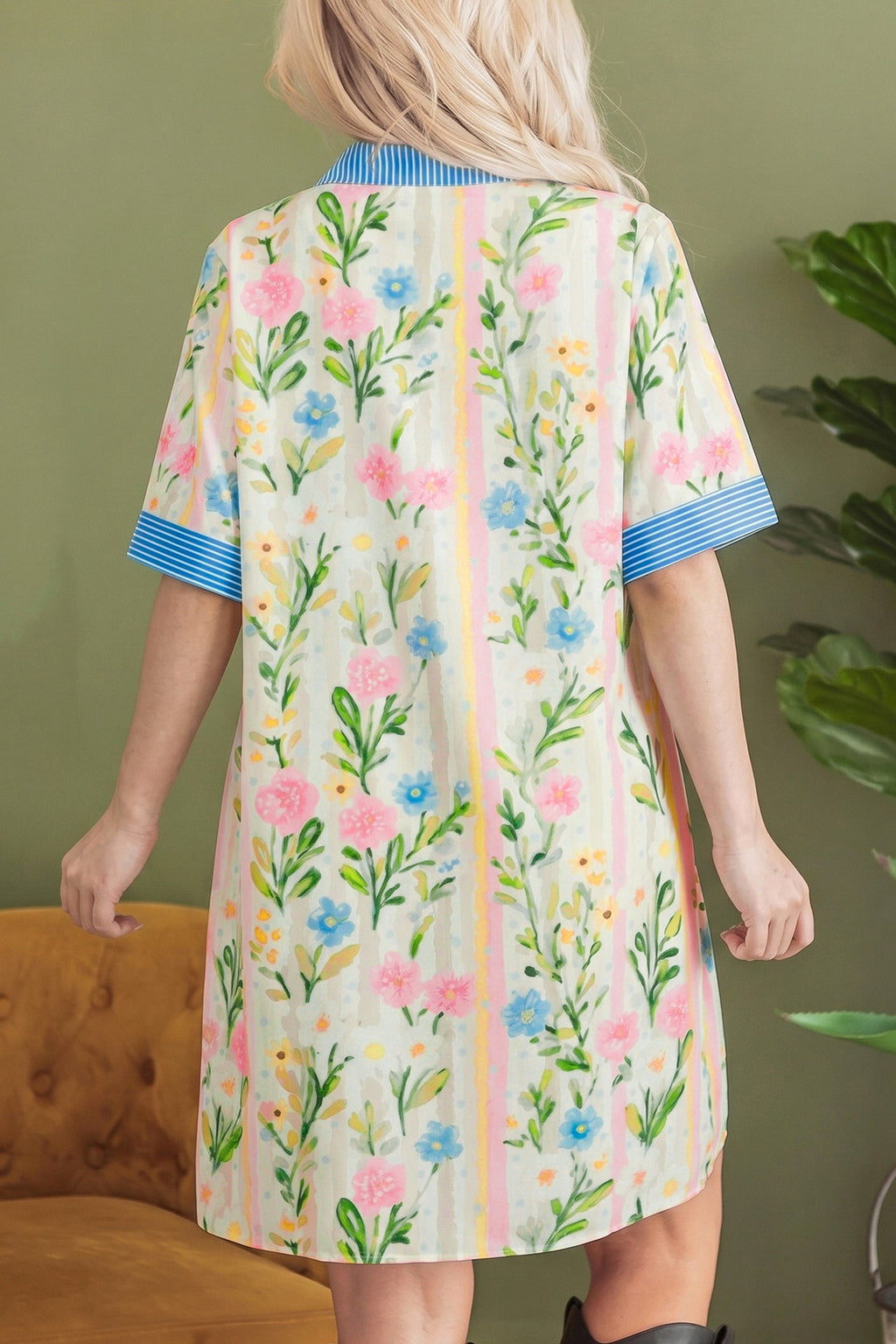 Multicolour Floral Print Striped Trim Button Down Shift Dress