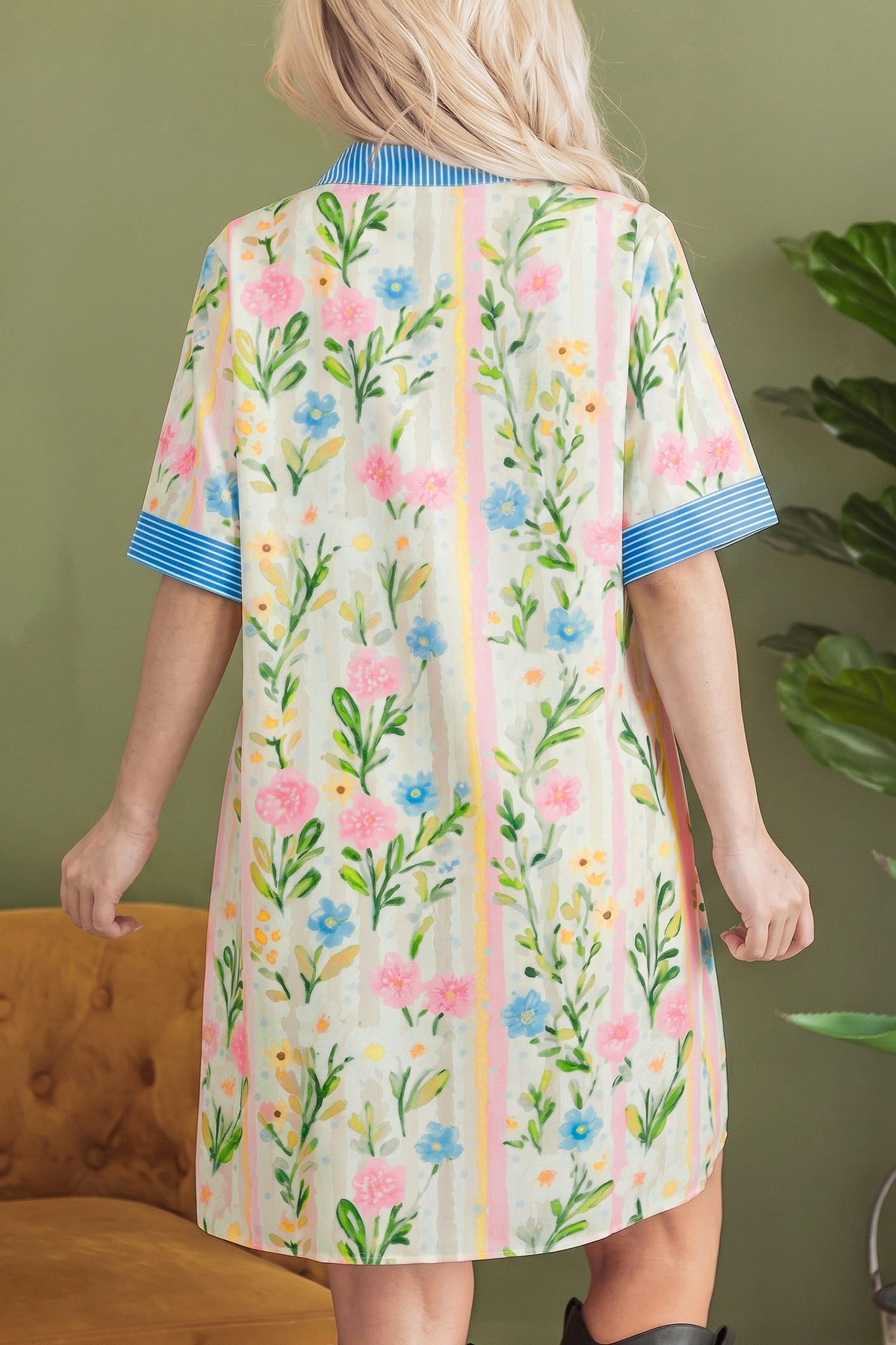 Multicolour Floral Print Striped Trim Button Down Shift Dress