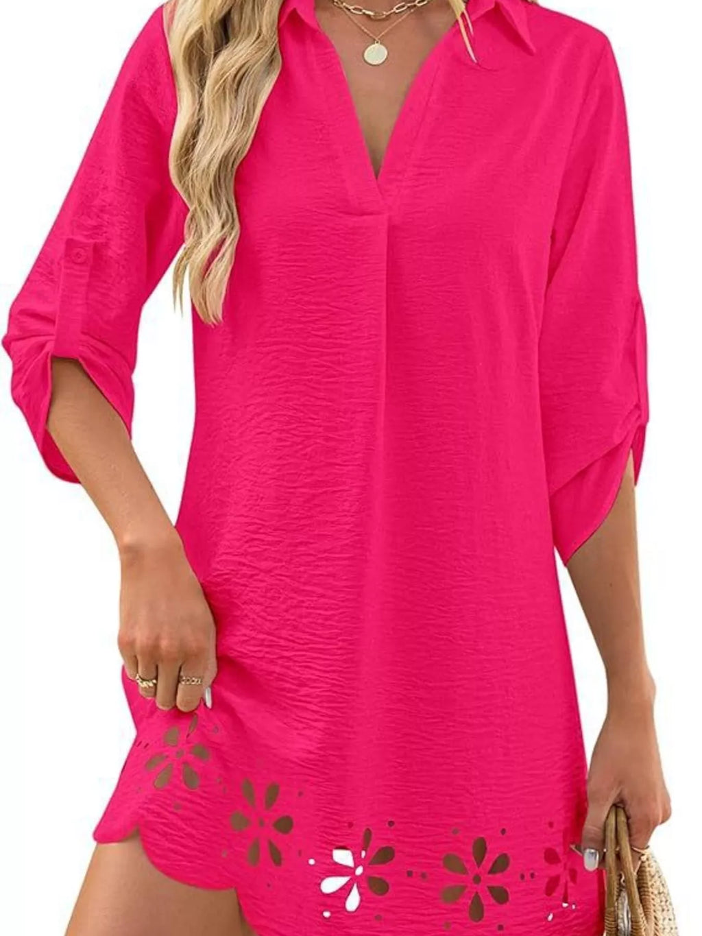 Scalloped Eyelet Hem Roll-Up Sleeve Dress