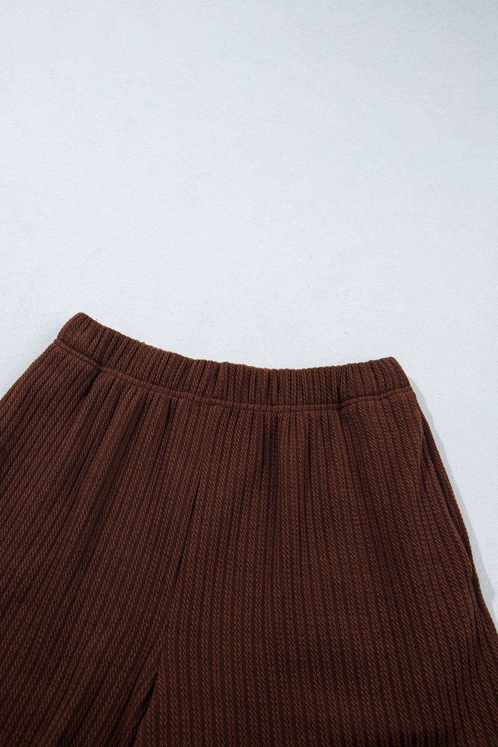 Dark Brown Textured Ribbed Knit Lettuce Trim 2pcs Lounge Set