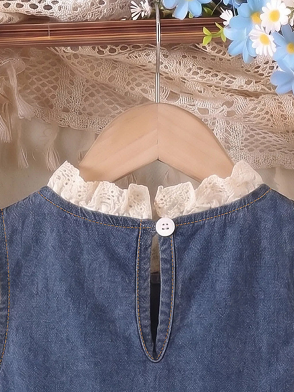 Children's Denim Cherry Applique Dress with Lace Trim