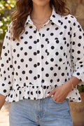 Polka Dot Print Three‑Quarter‑Sleeve Ruffle Hem Casual Shirt