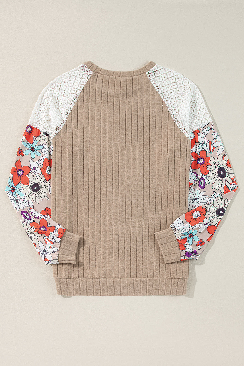 Floral Ribbed Patchwork Long Sleeve Blouse