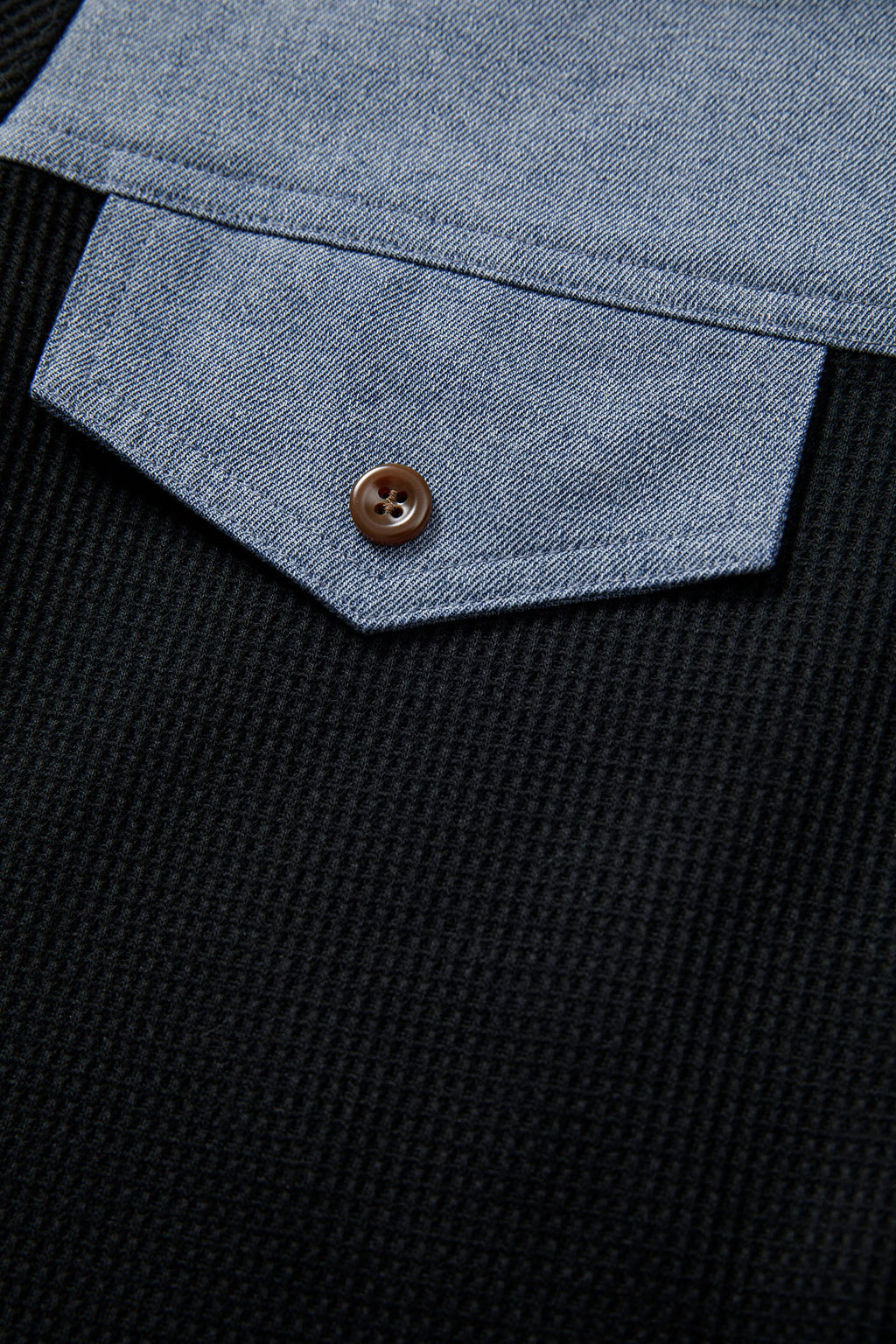 Black Waffle Knit Denim Color Block Patchwork Button Flap Polo Top