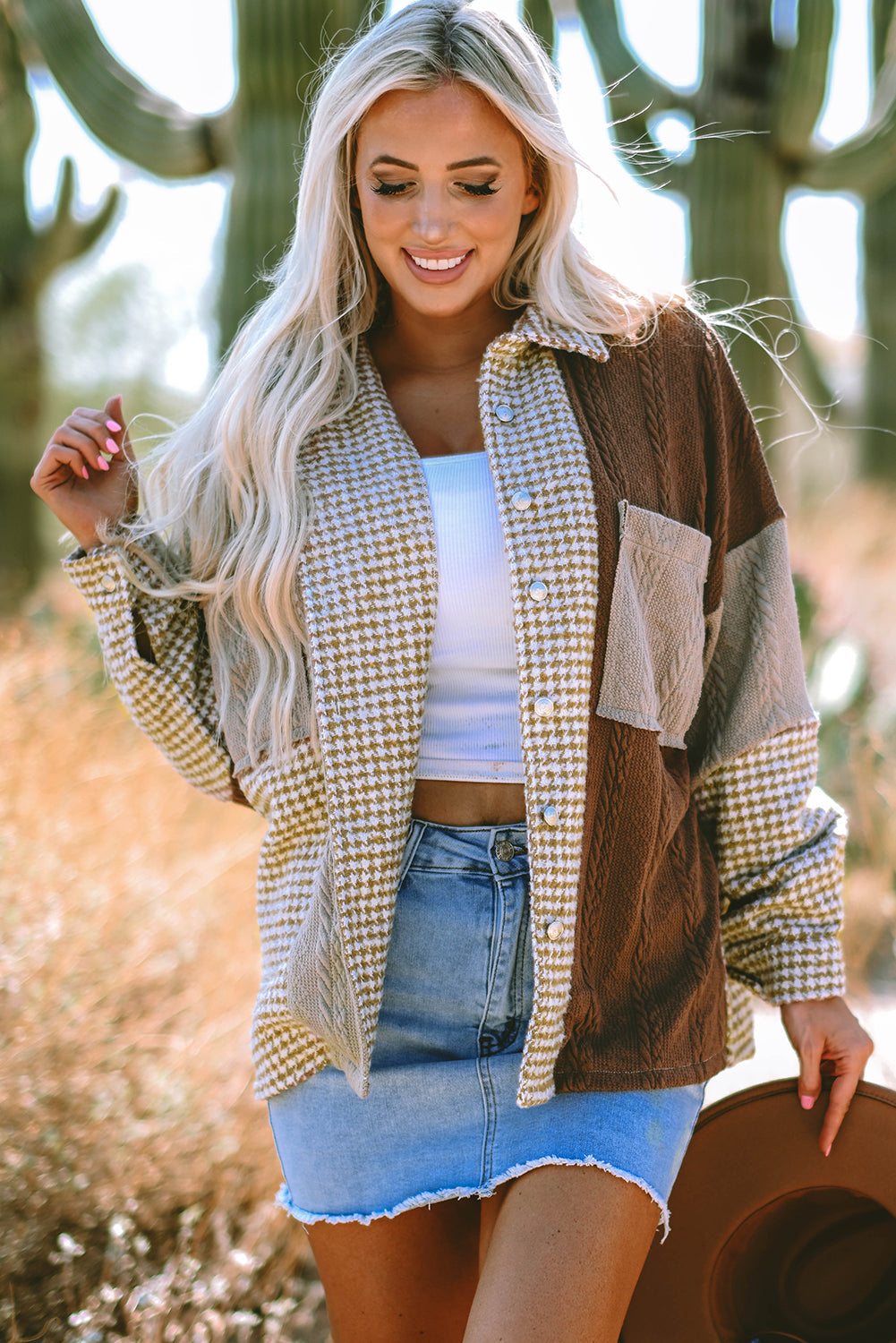 Houndstooth Colorblock Textured Patchwork Shacket