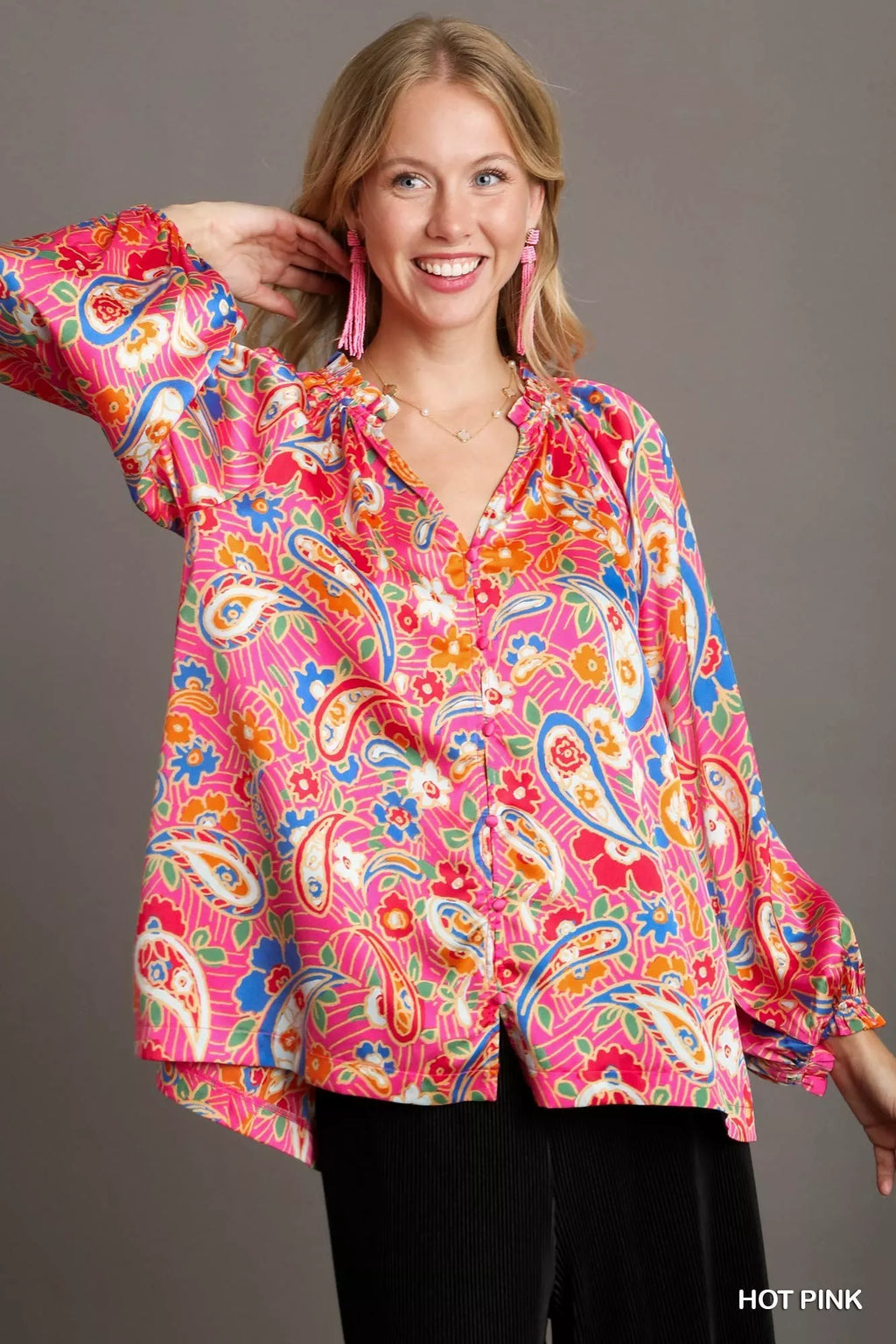 Satin Paisley Ruffle Neck Button-Up Shirt – Plus Size