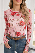 Pink Floral Print Exposed Seam Detail Mesh Long Sleeve Top