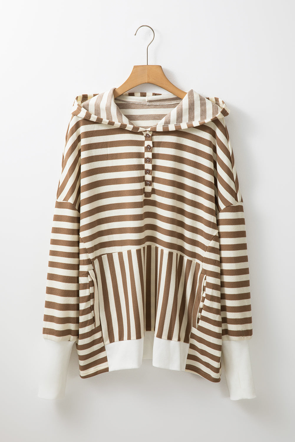 Plus Size Stripe Quarter Buttoned Drop Sleeve Hoodie