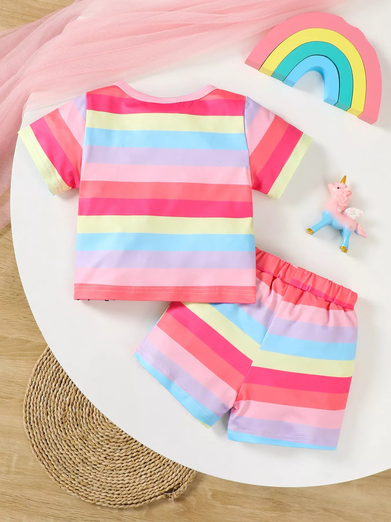Children's Rainbow Striped Unicorn T-Shirt and Shorts Set