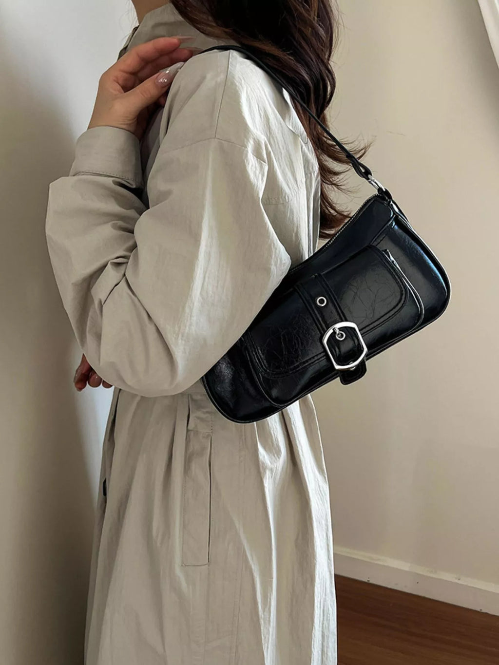 Buckle Detail Faux Leather Crossbody Bag