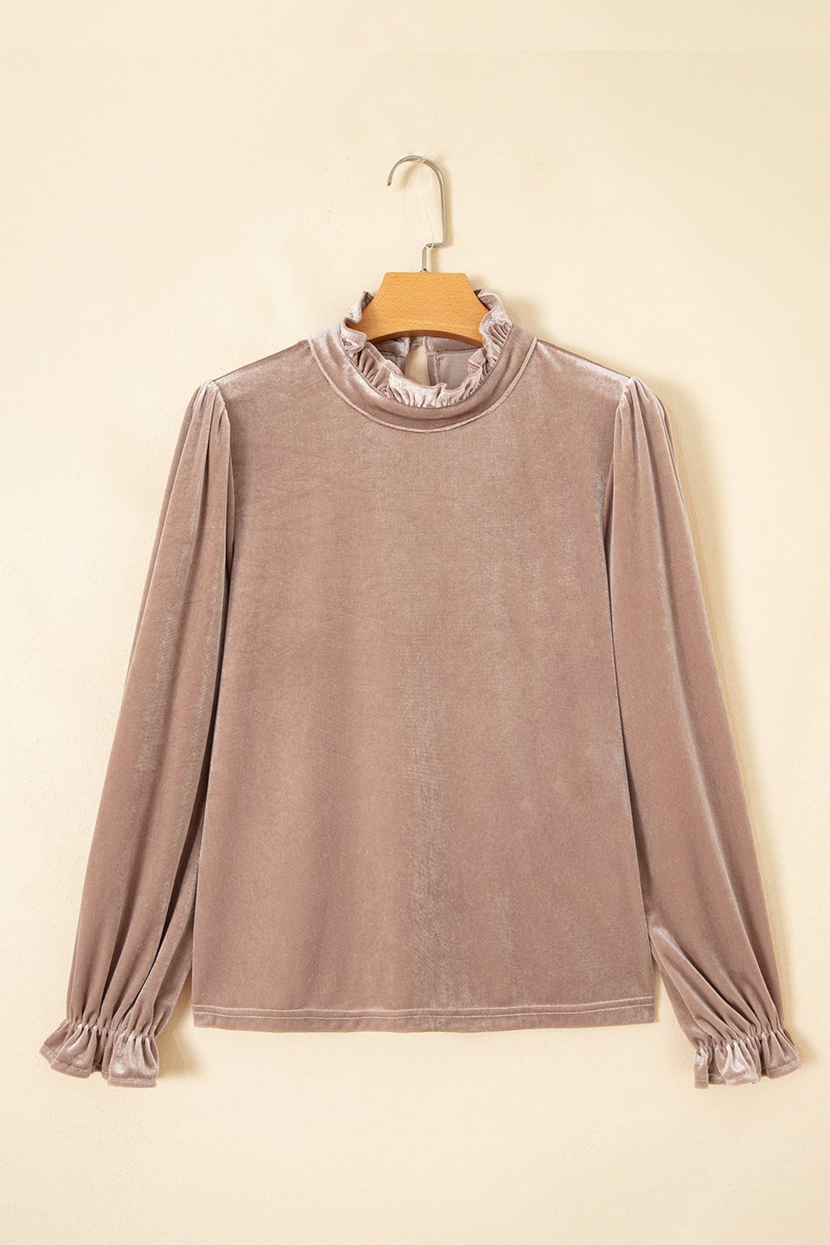 Solid Velvet Frilled Neck Long Sleeve Top