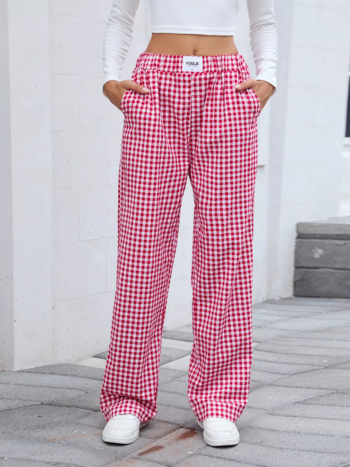 Plaid Wide-Leg Cotton Pants with Side Pockets