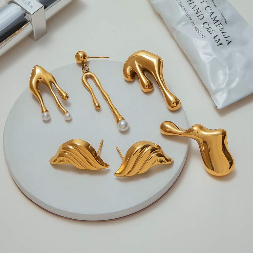 18K gold geometric inlaid pearl design simple personality earrings