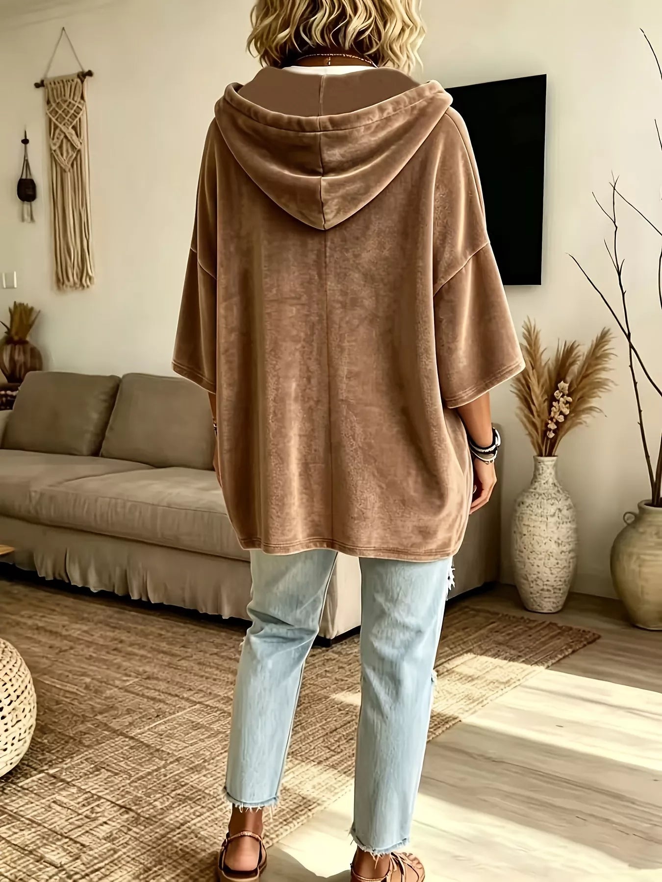 Full Size Velvet Button Detail Drawstring Hoodie Plus Size