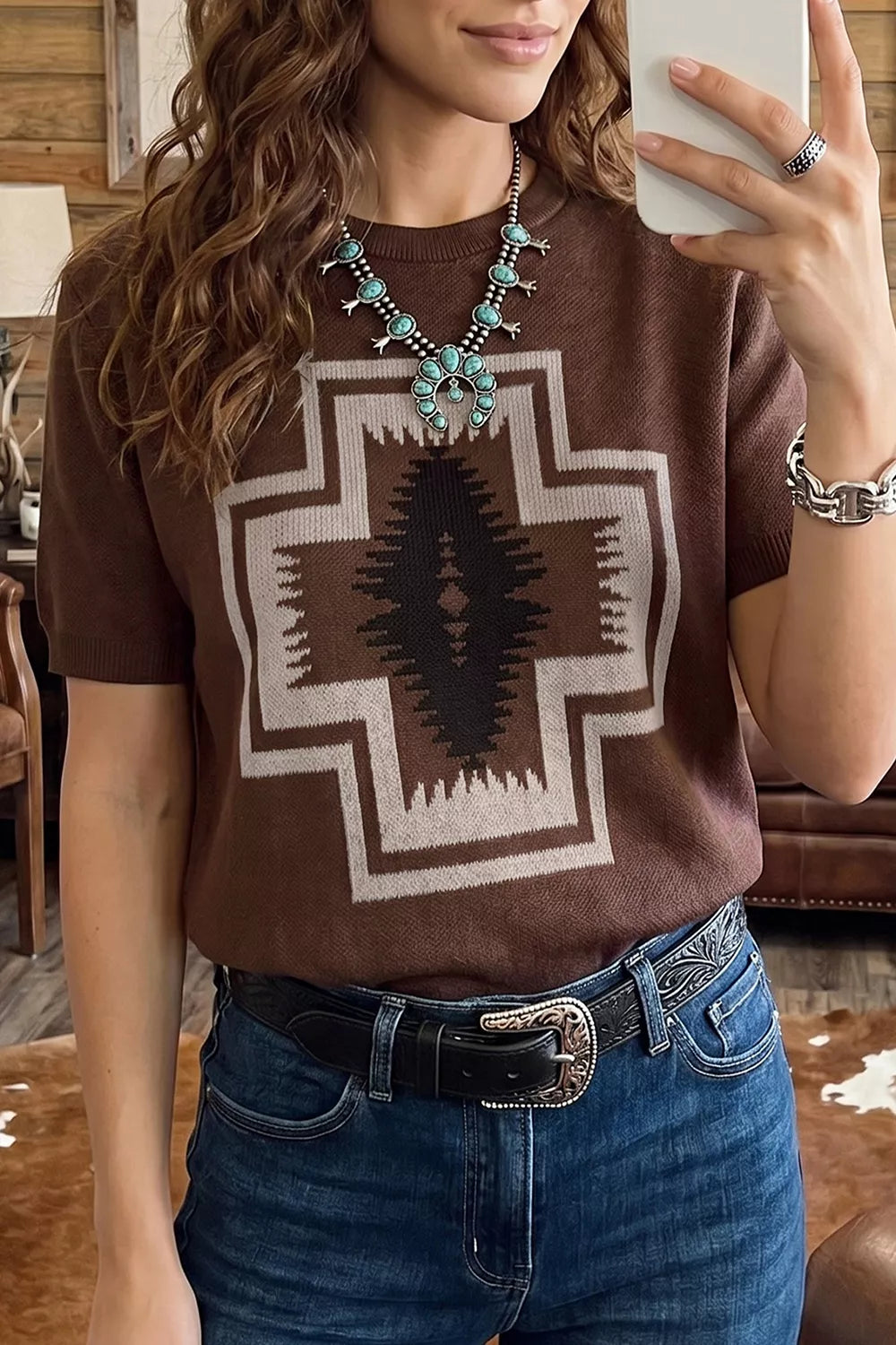 Western Graphic Short Sleeve Knit Casual Sweater