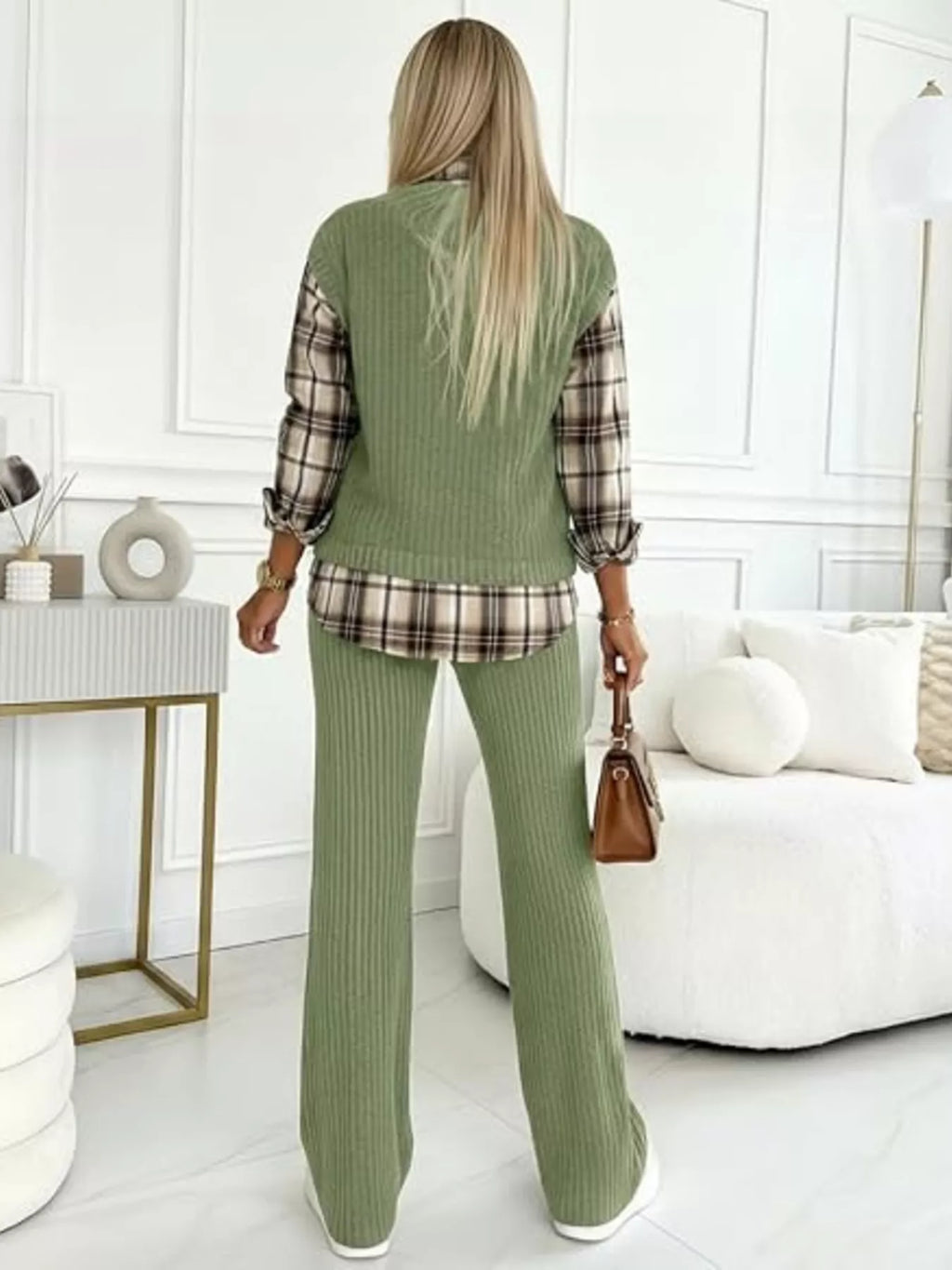Ribbed Knit Plaid Sleeve Top & Pants Set