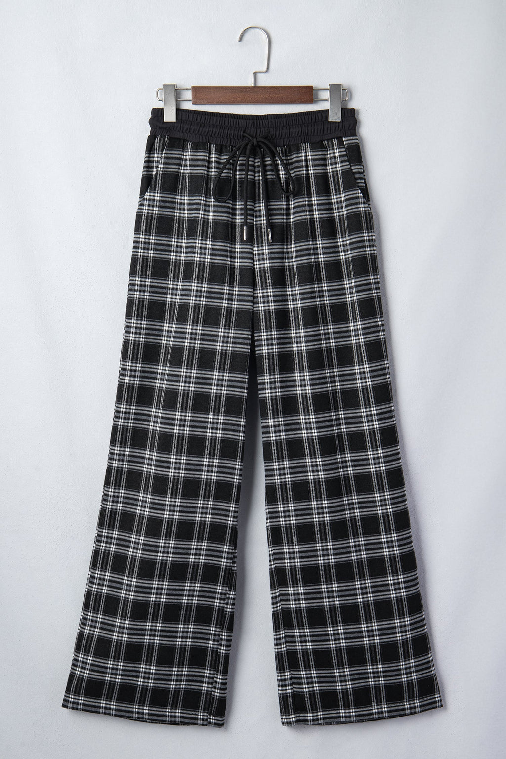 Black Frenchy Plaid Pattern Contrast Drawstring Waist Wide Leg Pants