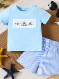 Children's Shark Embroidered T-shirt and Striped Shorts Set