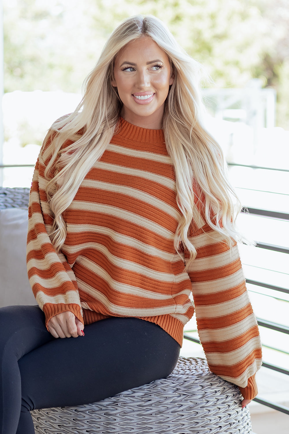 Stripe Ribbed Trim Drop Shoulder Sweater