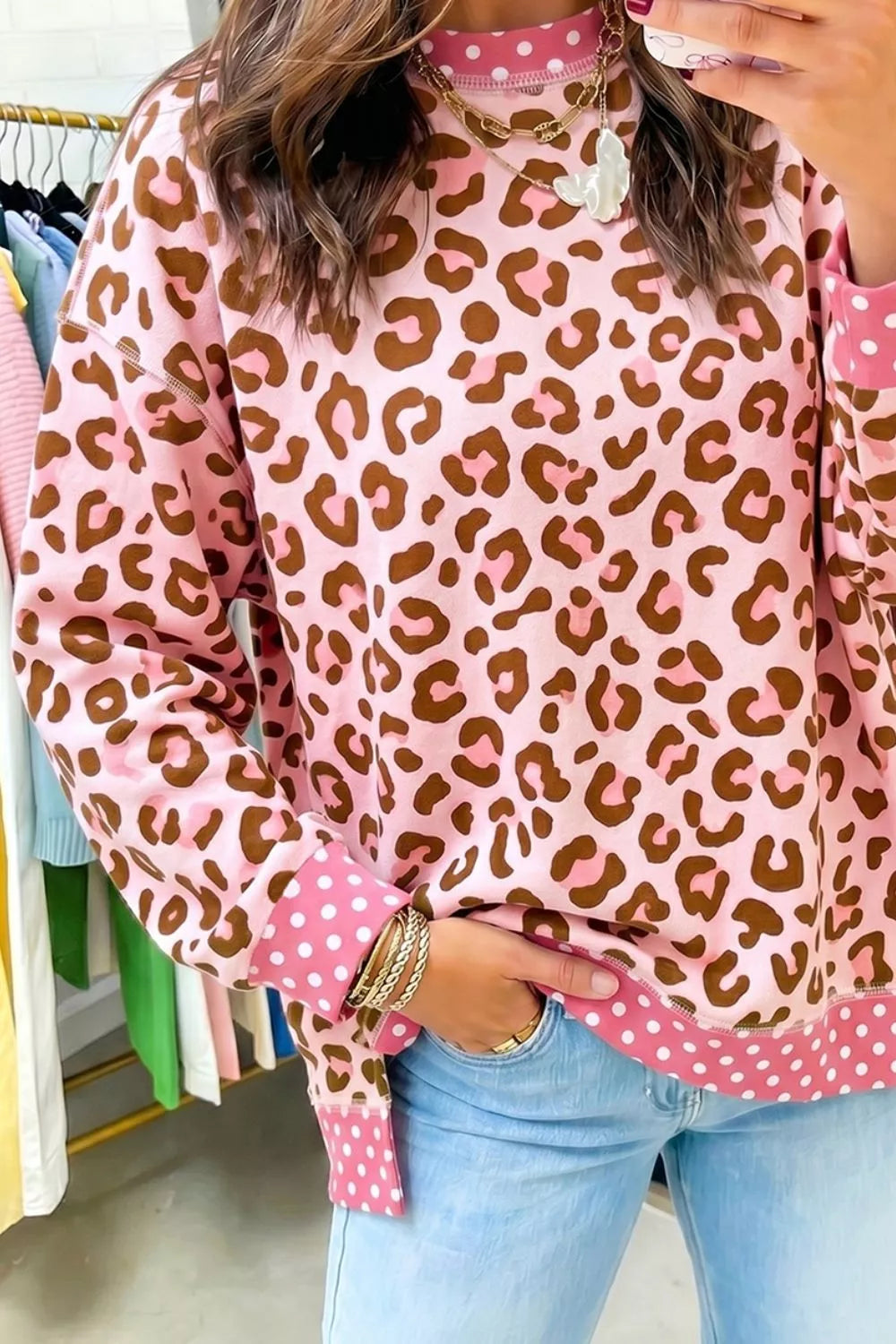 Polka Dot Contrast Trim Leopard Round Neck Sweatshirt
