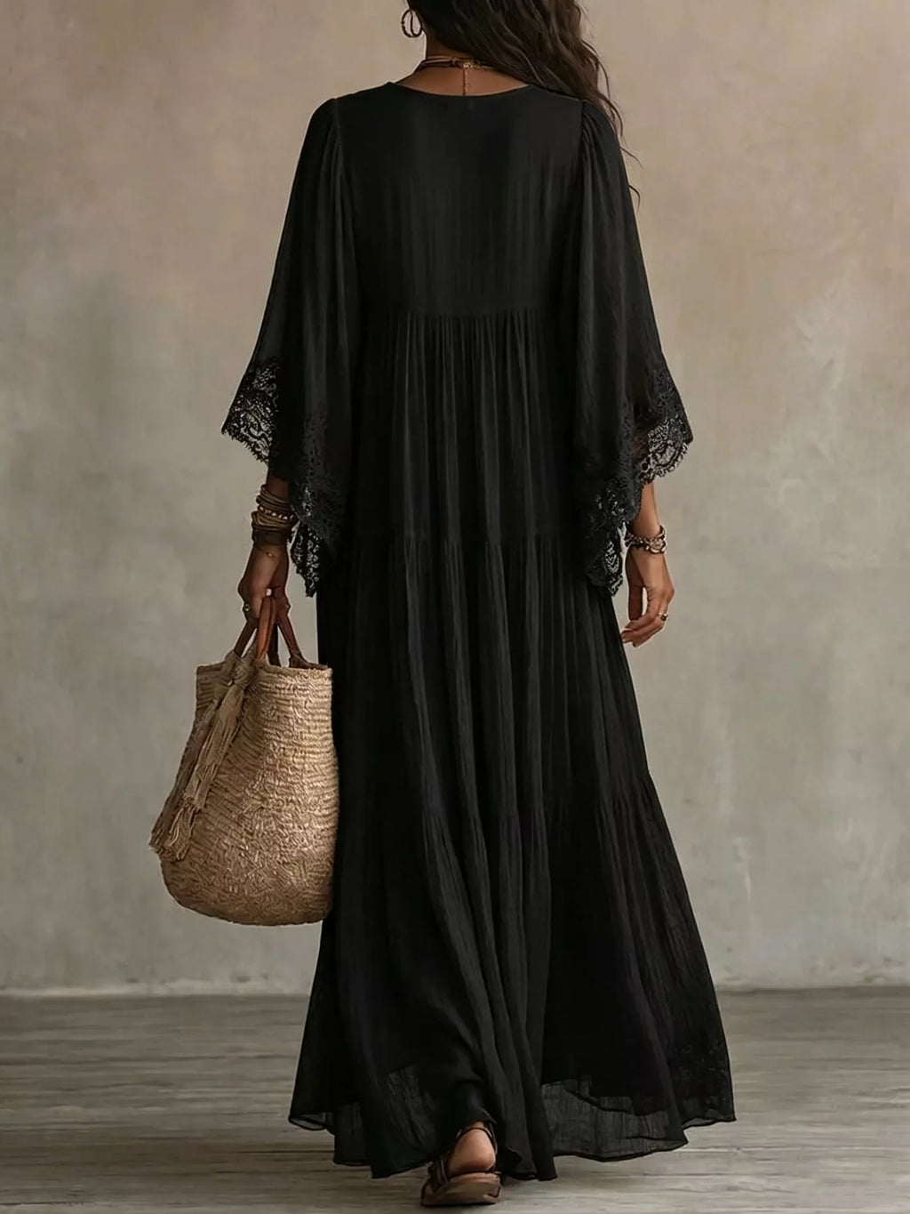 Lace Trim V-Neck Maxi Dress