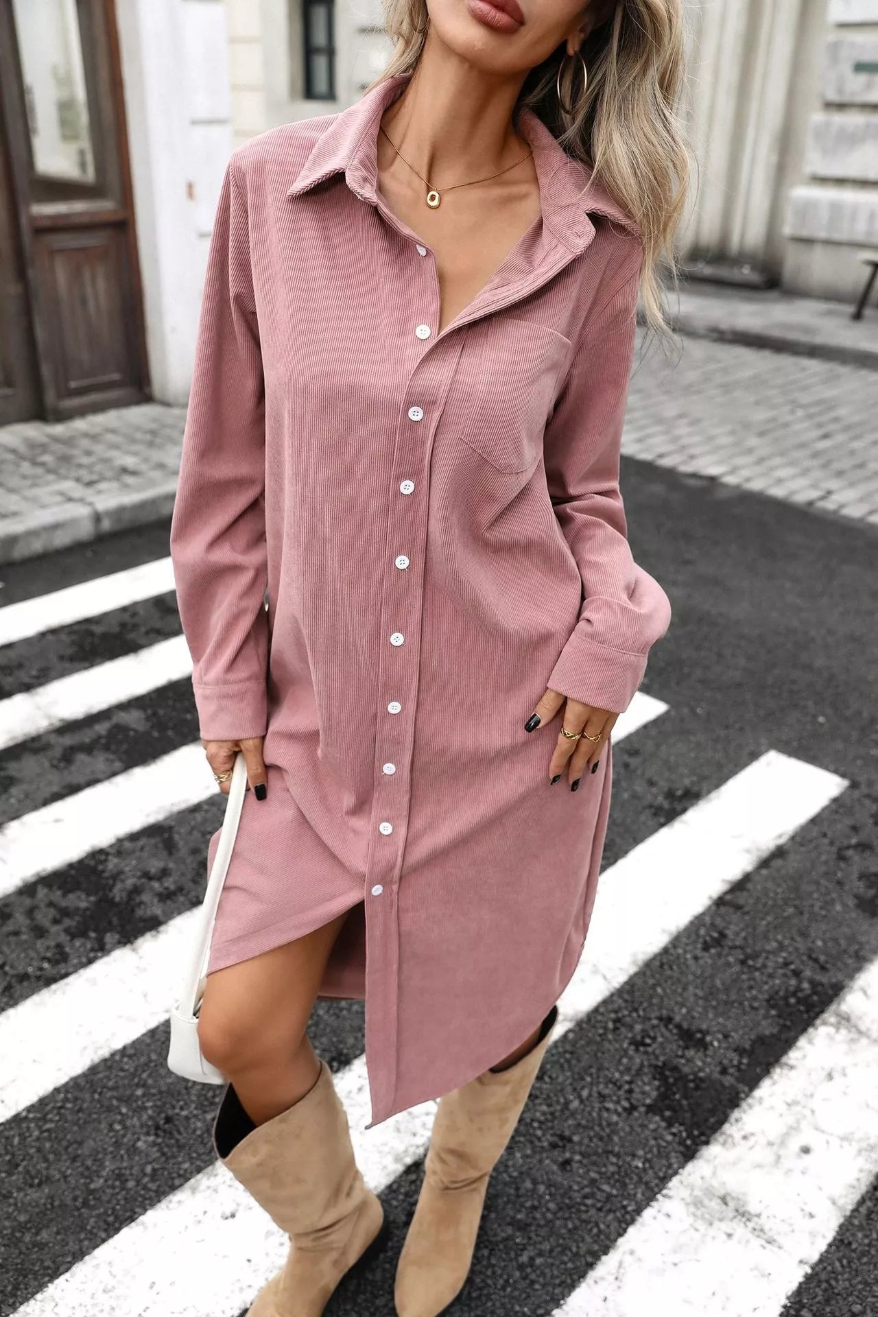 Corduroy Shirt Dress with Button-Down Front