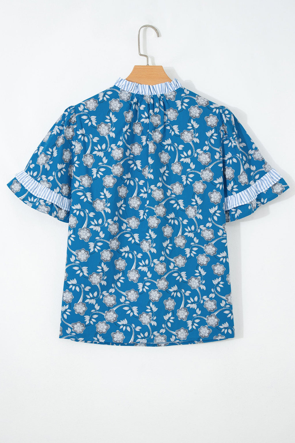 Blue Floral Print Button Tie Neck Striped Detail Short Sleeve Blouse