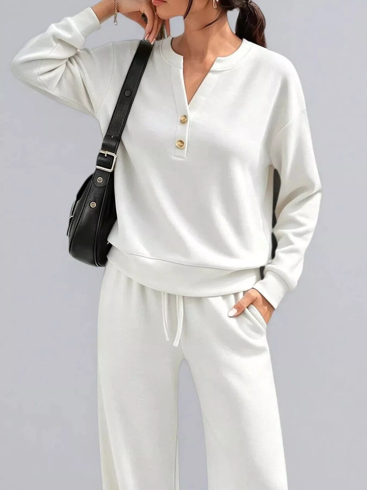 Button Detail Dropped Shoulder Top and Pants Set