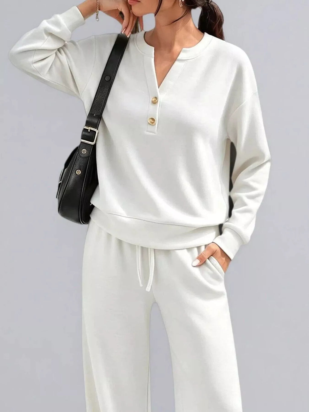 Button Detail Dropped Shoulder Top and Pants Set