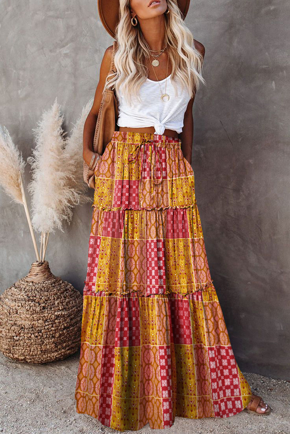 Orange Tiered Paisley Print Pocketed Maxi Skirt