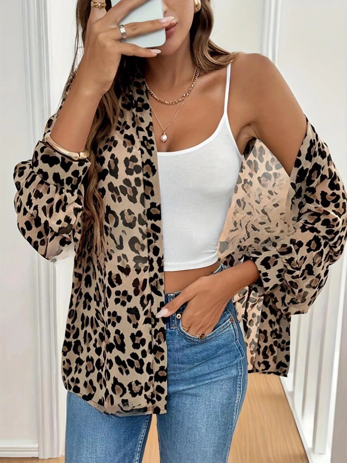 Leopard Print Button-Down Long Sleeve Shirt