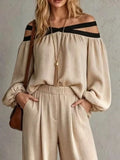 Off-Shoulder Crisscross Cutout Ribbed Knit Top and Wide-Leg Pants Set