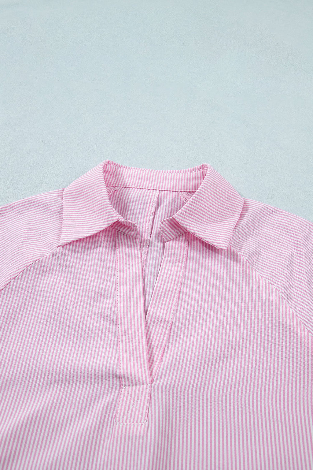 Pink Striped Print Collared Split Neck Half Sleeve Blouse