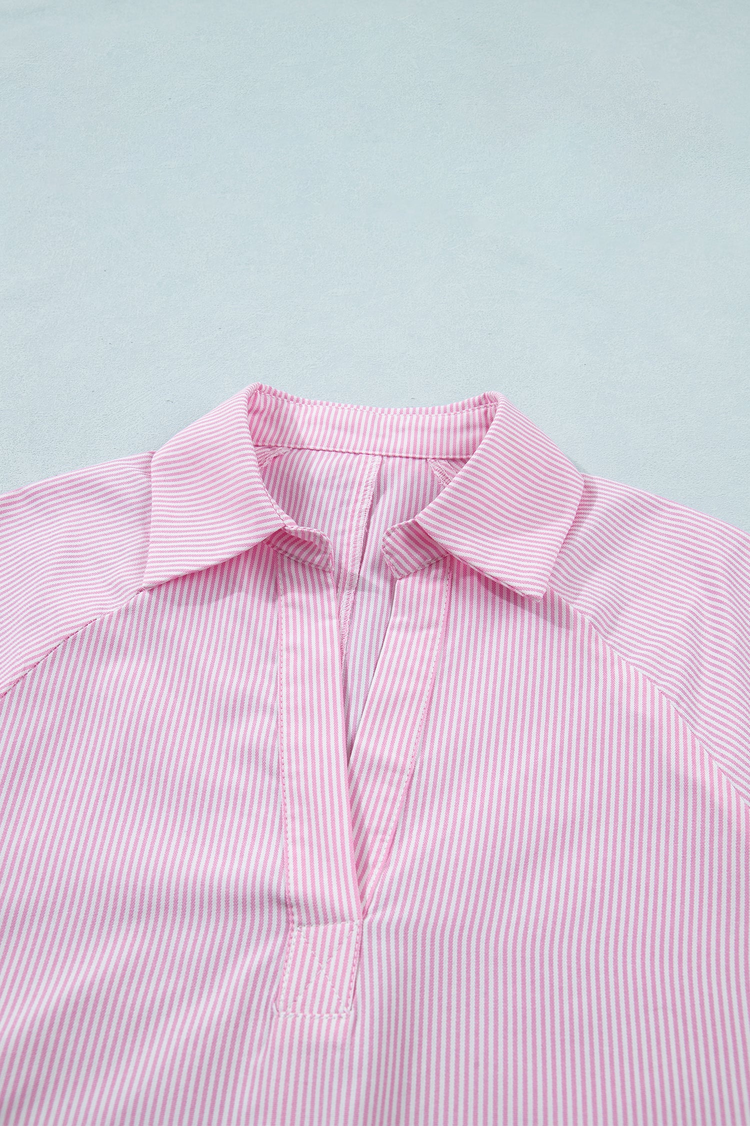 Pink Striped Print Collared Split Neck Half Sleeve Blouse