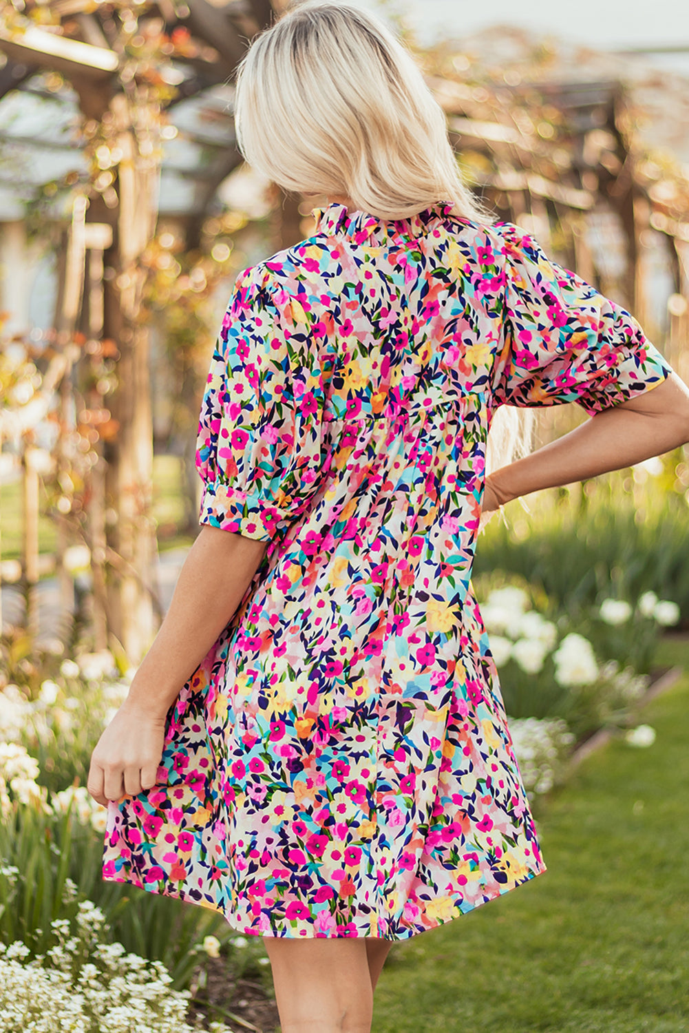 Floral V-Neck Puff Sleeve Mini Dress