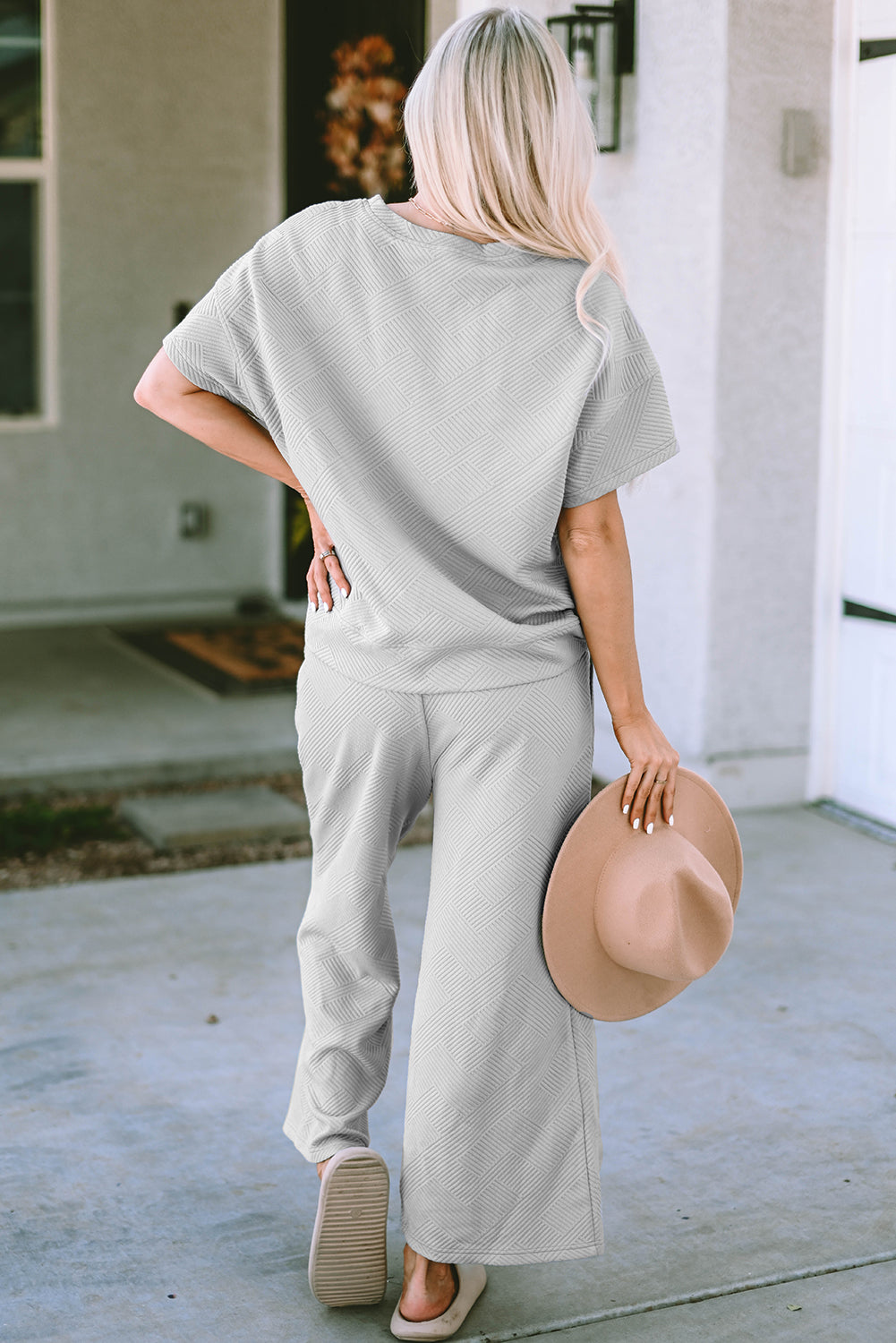 Solid Textured T-Shirt and Drawstring Pants Set