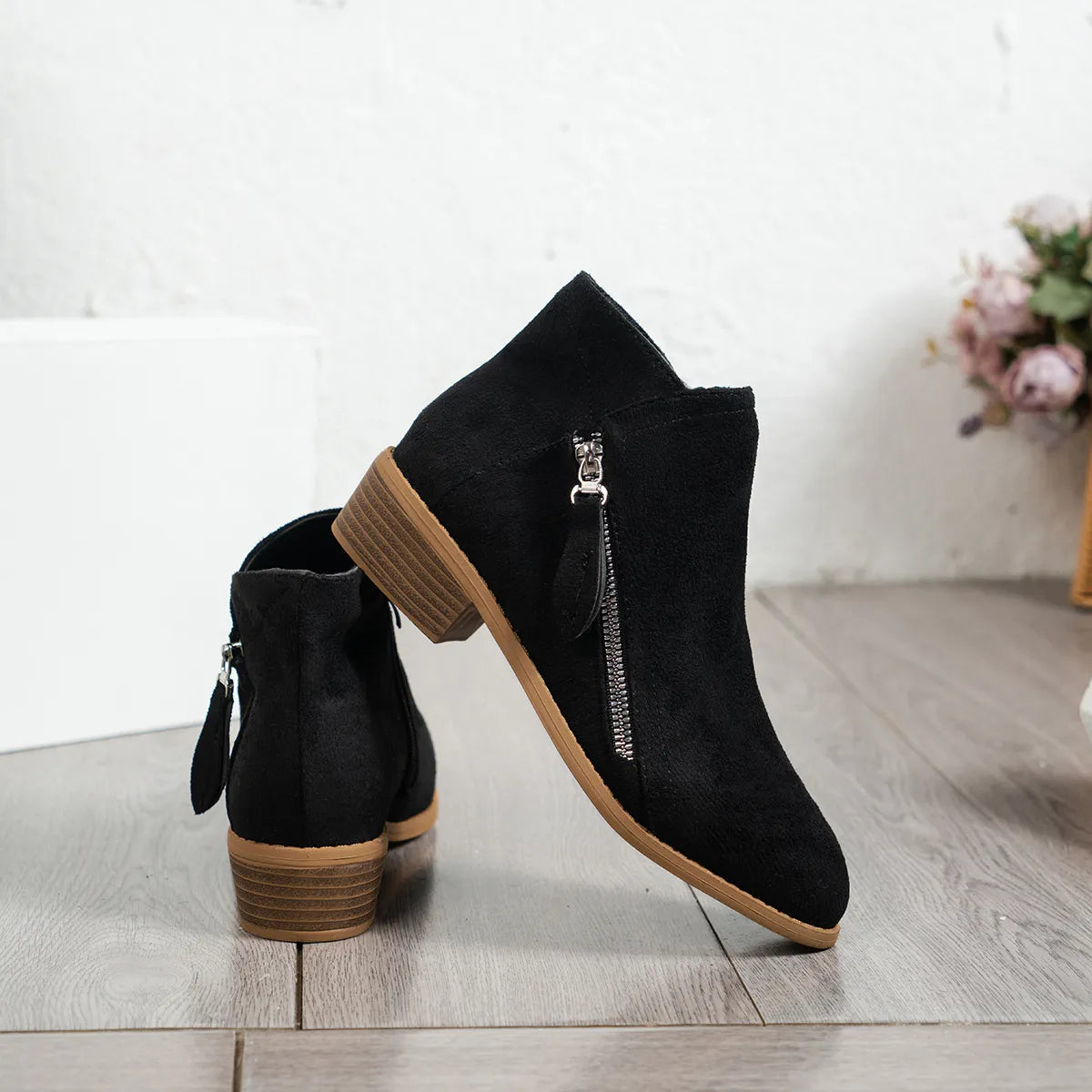Side Zip Ankle Boots with Block Heel