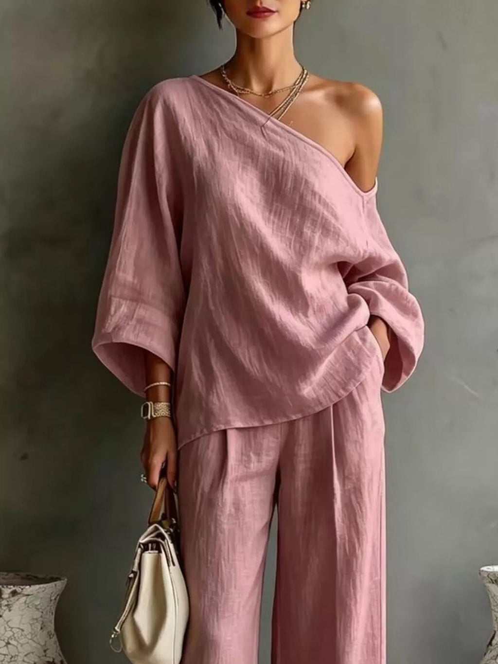 One Shoulder Top and Wide Leg Pants Set