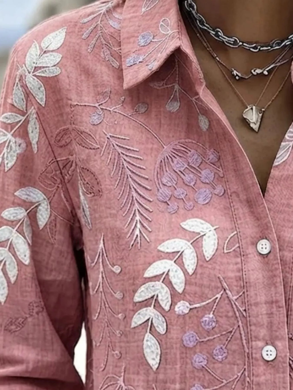 Full Size Leaf Embroidered Button-Down Shirt Plus Size