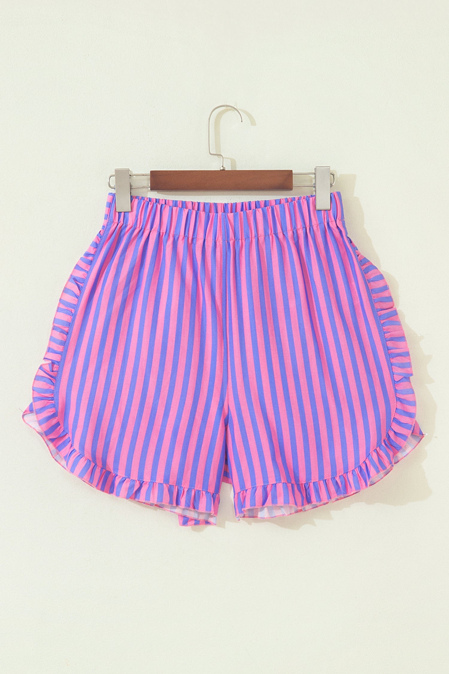 Rose Stripe Elastic Waist Ruffle Trim Casual Shorts