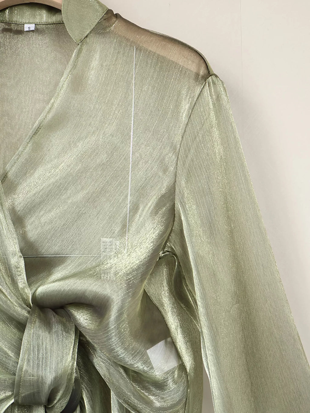 Sheer Front Tie Detail Long Sleeve Shirt