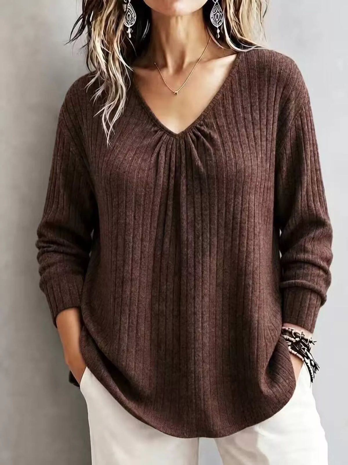 V-Neck Ribbed Long Sleeve T-Shirt