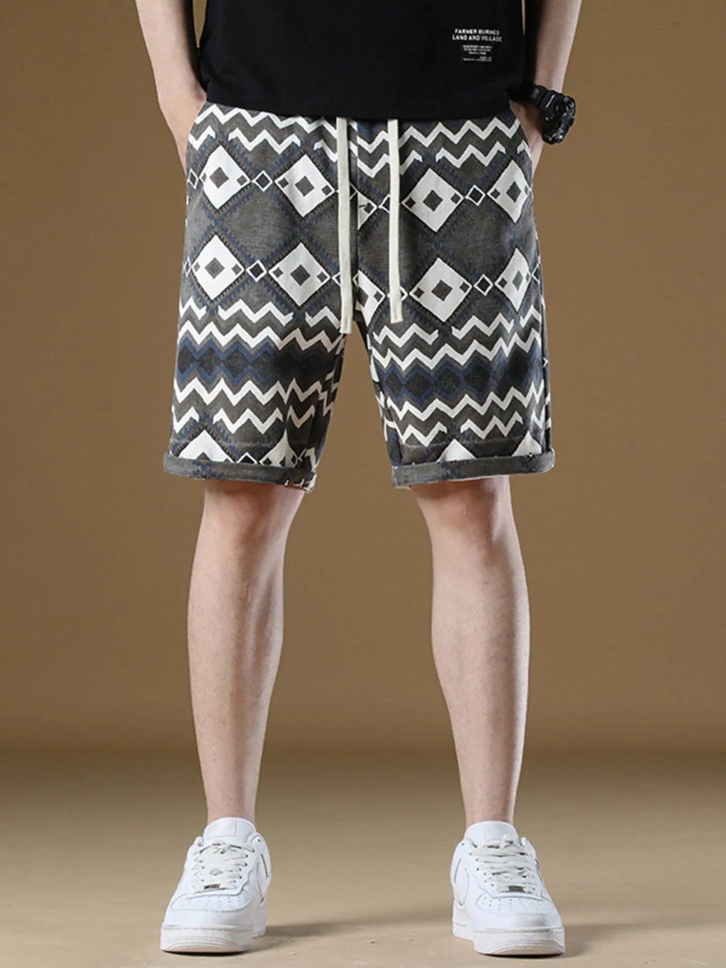 Men's Plus Size Geometric Pattern Drawstring Casual Shorts