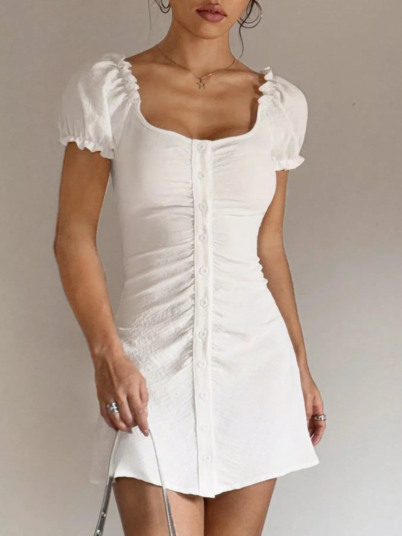 Ruched Button-Front Puff Sleeve Mini Dress
