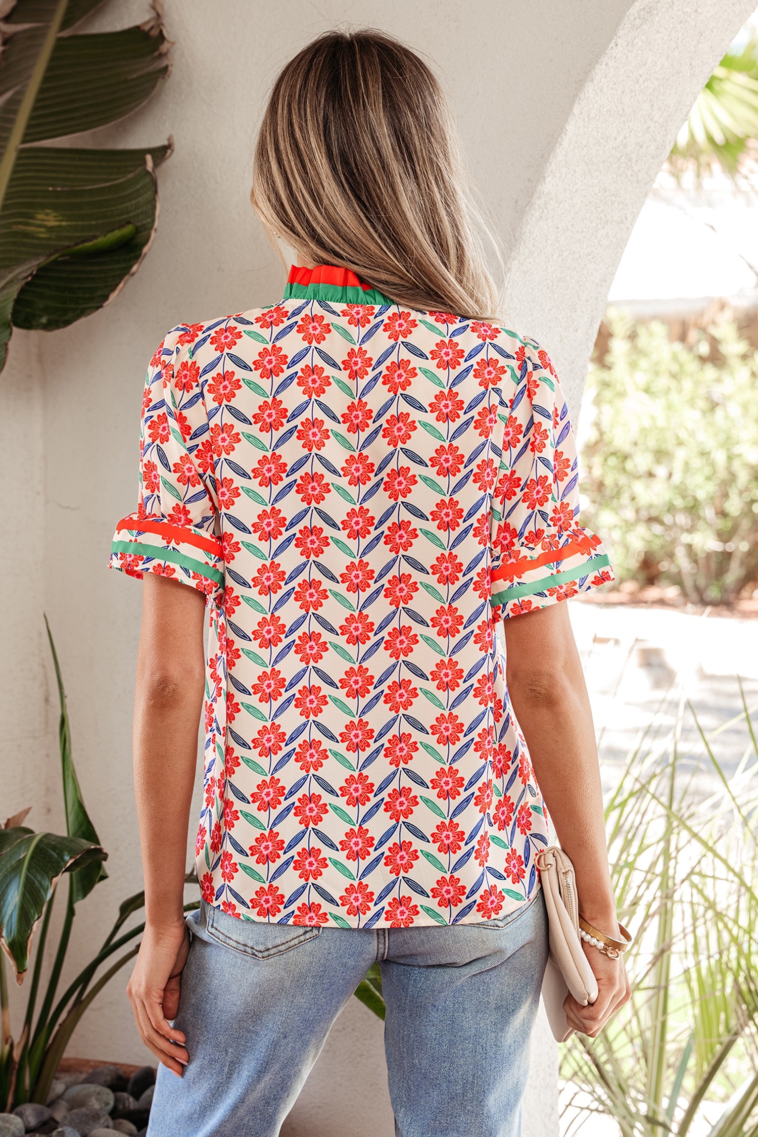 Red Floral Print Striped Detail V Neck Ruffled Short Sleeve Blouse